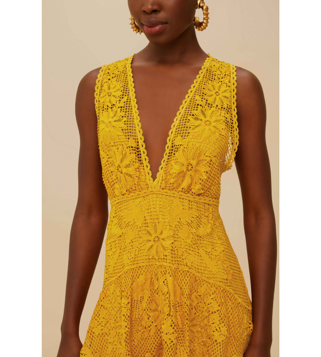 Landscape Guipure Mustard Yellow Midi Dress