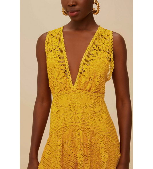 Landscape Guipure Mustard Yellow Midi Dress