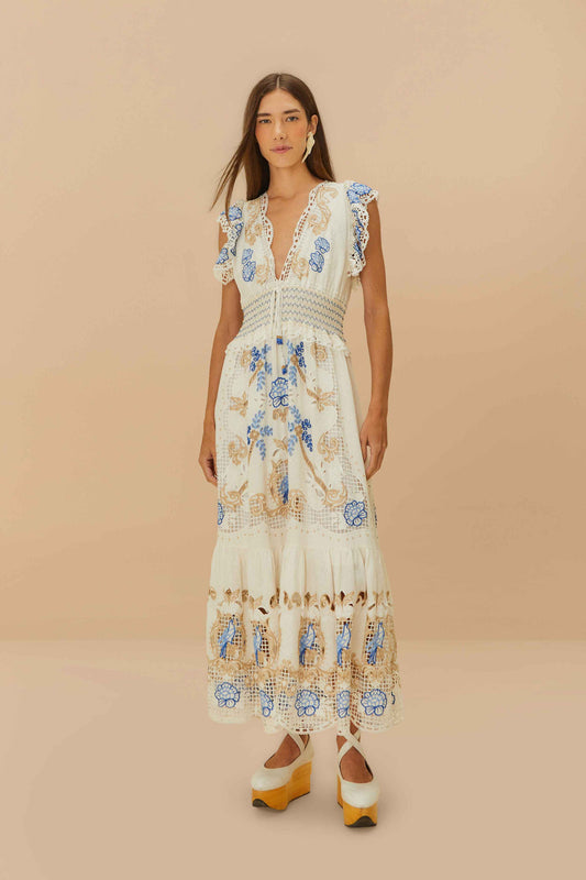 Romantic Richelieu Off-White Maxi Dress