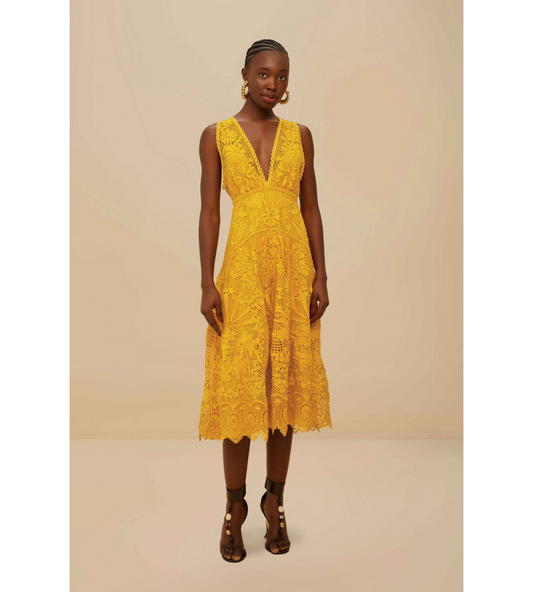 Landscape Guipure Mustard Yellow Midi Dress