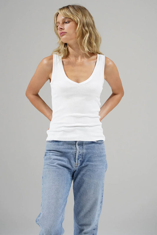 V Slim Ribbed Tank - White